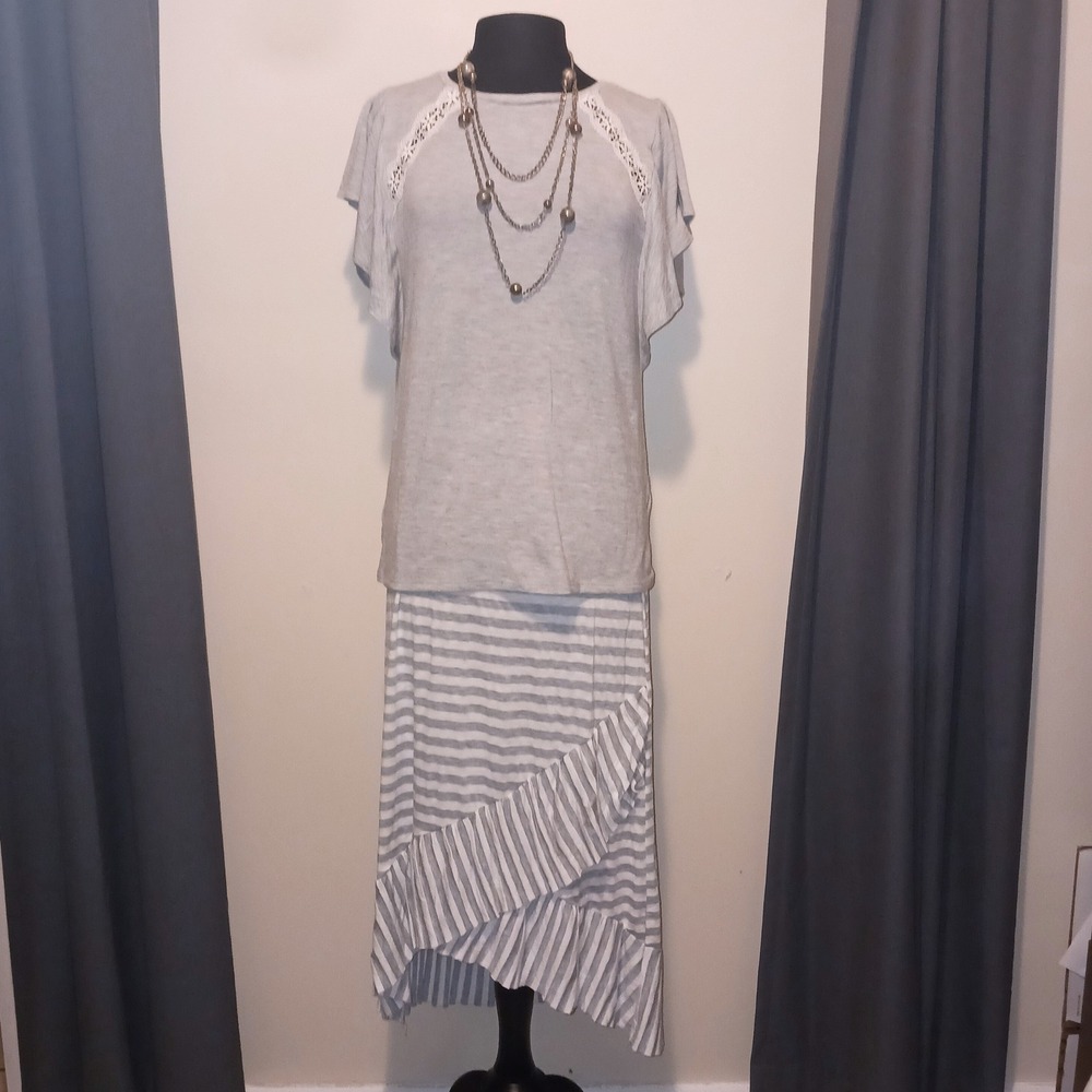 Capsule Loft Gray Flutter Sleeve Top S Striped Ruffle Hi low Skirt M Cardigan L